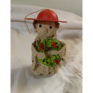 Vintage Paper Mache Christmas Ornament RED HAT Wreath Franciscan Monk Gift 5.5"
